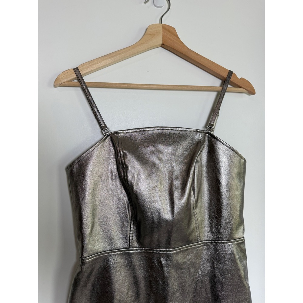 Avec Les Filles Metallic Faux Leather Midi Dress SilverBronze Square Neck Size 4 - Picture 4 of 11